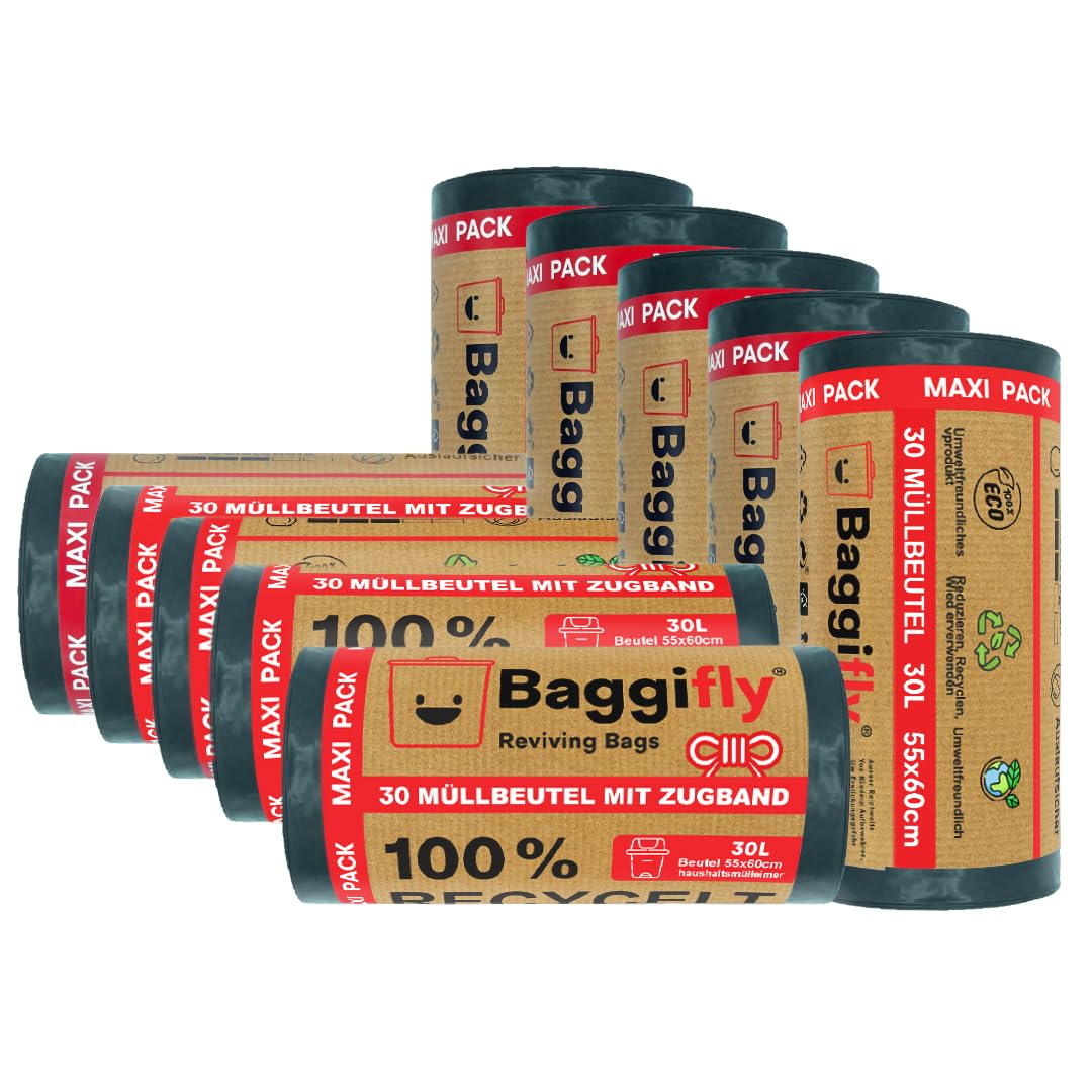 Baggifly, Müllbeutel 30L, 300 Stück, Extra Reißfest, 100% Recycelt, Mit Tragegriffen, Umweltfreundlich, Perfekt für den Haushalt, 10 Rollen à 30 Beutel, In Europa hergestellt