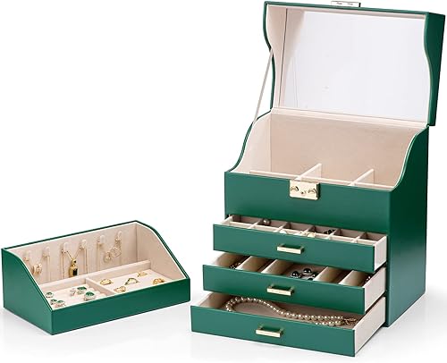 Vlando Caja organizadora de joyas de terciopelo grande, caja de almacenamiento de joyas de 5 capas con espejo y cerradura, bandeja apilable y 3
