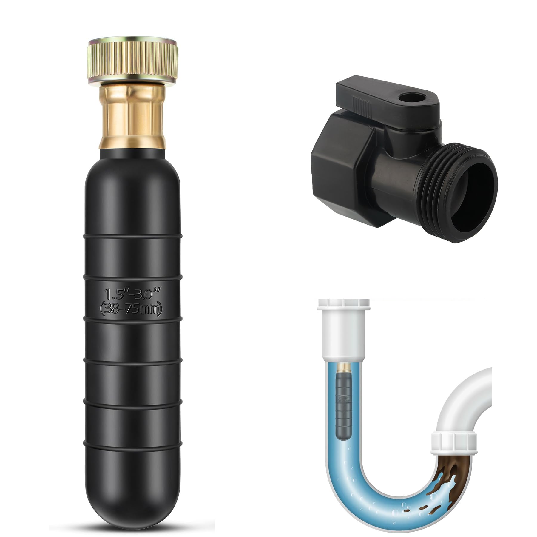 Deboucheur Canalisation Haute Pression, Vessies de Drainage en Caoutchouc, Noir Caoutchouc Vessie de Vidange avec 3/4" Vanne D'arrêt, pour 38 à 75 mm Débouche Goutières, Toilettes et Tuyaux