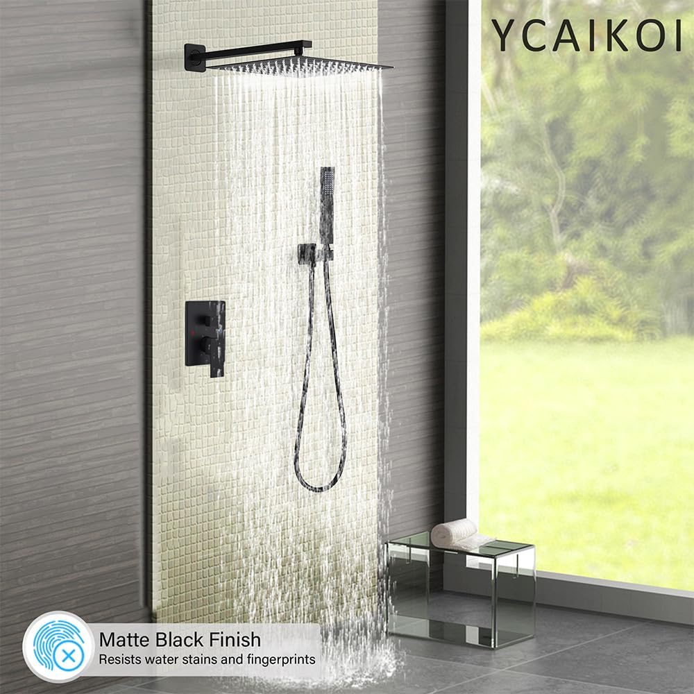 Shower Faucet Set Complete, Wall Mount Shower System for Bathroom 12 Inch High-Pressure Rainfall Shower with Handheld, Rough-in Valve Body and Trim Kit, Matte Black