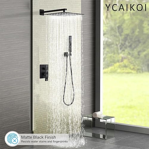 Miniatura 2 de YCAIKOI Juego completo de grifo de ducha, sistema de ducha de montaje en pared para baño, ducha de lluvia de alta presión de 12 pulgadas con mano,