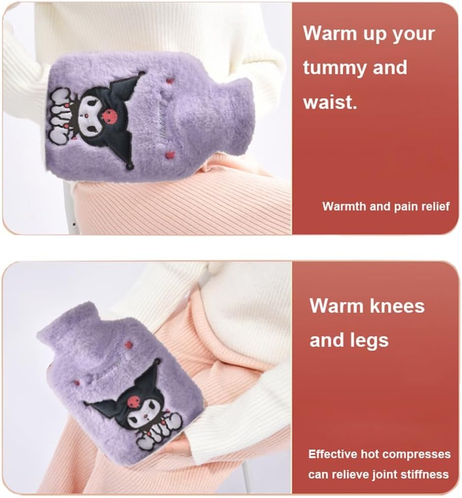 Roffatide Cute Purple Rabbit Hot Water Bottle with Plush Cover, 1L Rubber Hot Water Bag for Hot and Cold Compress, Hand Feet Warmer, Pain Relief