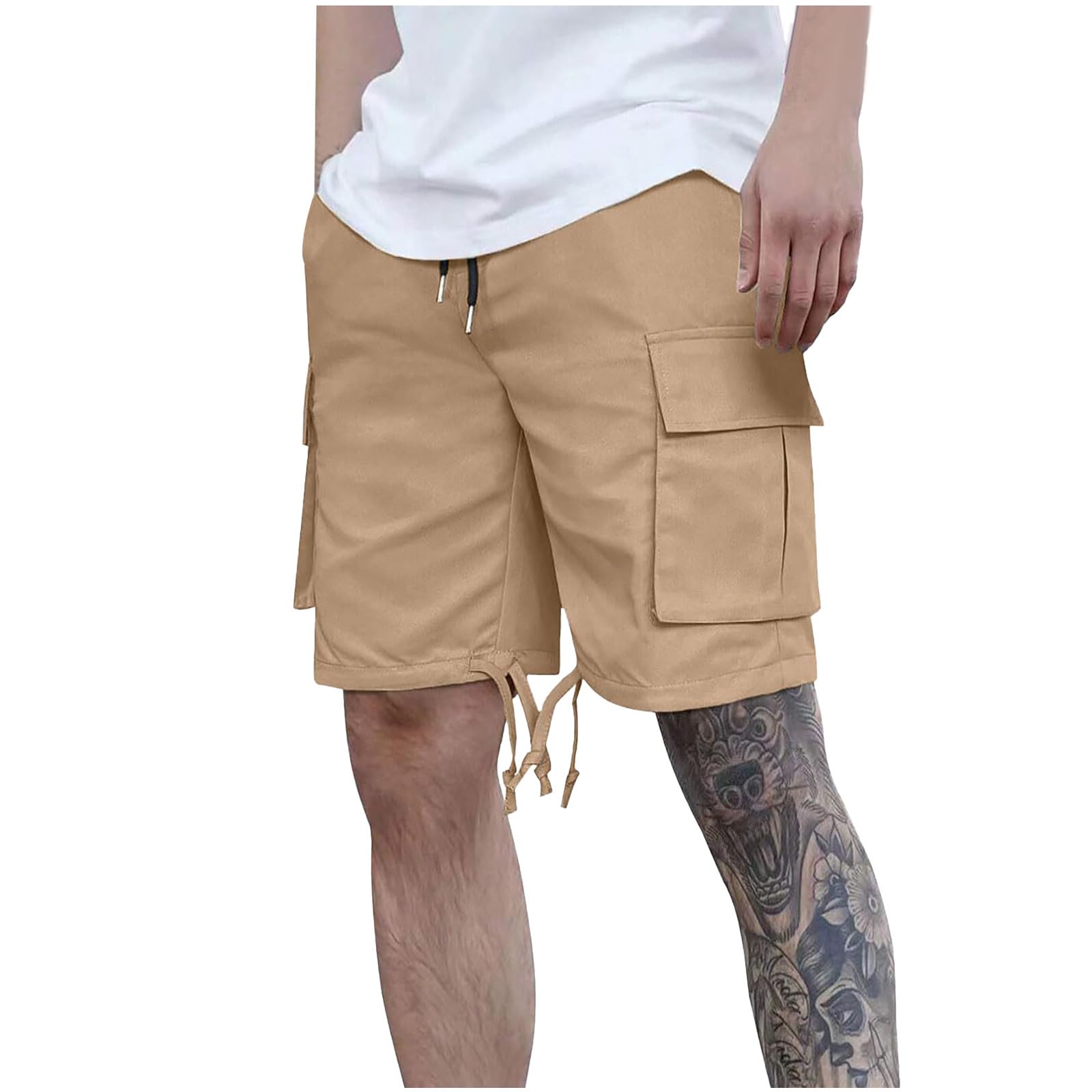 Cargo Shorts Herren Sommer Kurze Hosen Chino Shorts Kurz Arbeitshose Casual Laufshorts Einfarbig Herrenshorts mit Kordelzug Baggy Cargoshorts Männer Outdoorshorts Khaki S