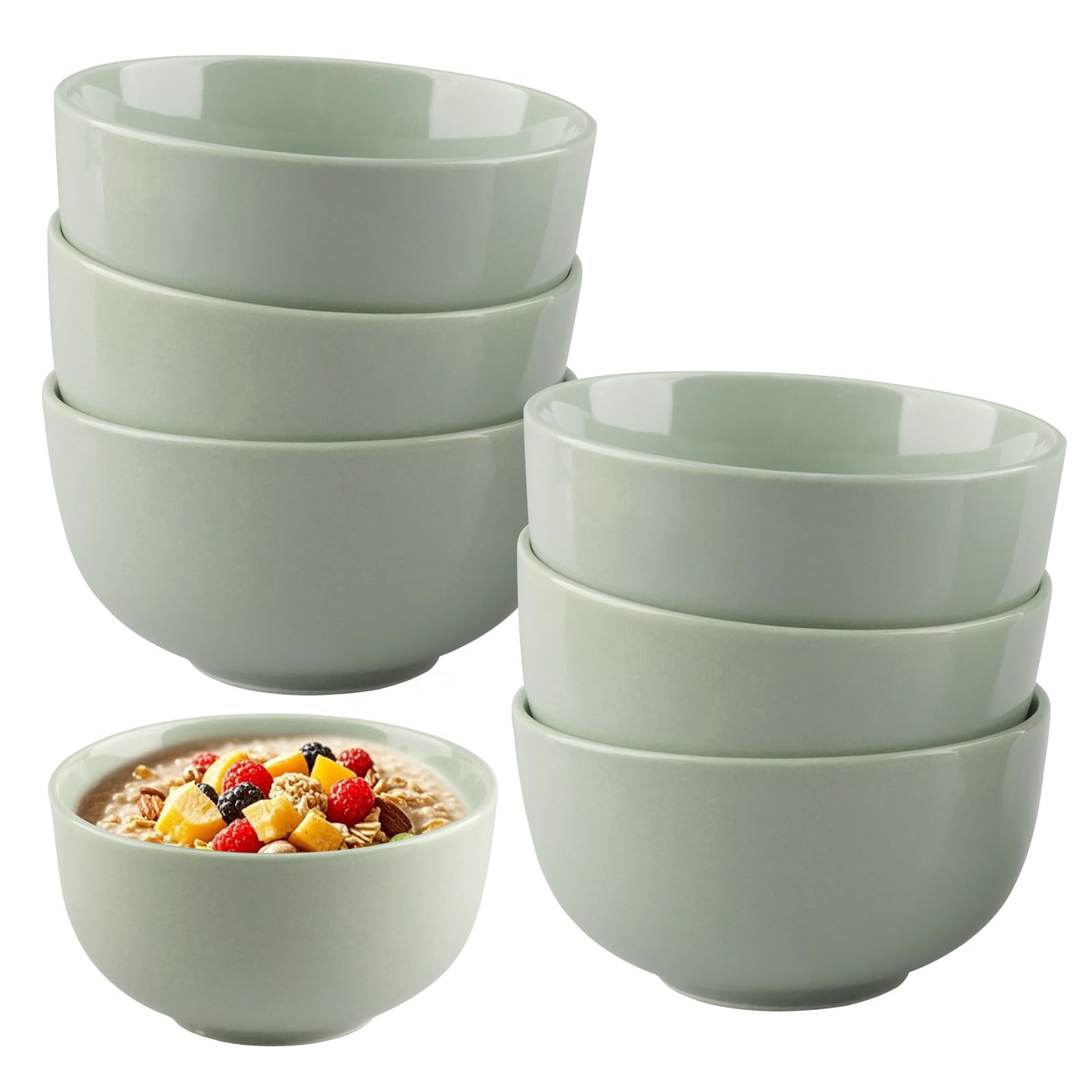 Lot de 6 bols à céréales réutilisables en céramique de 350 ml pour cuisine, desserts, riz, pudding, yaourt (vert pâle)
