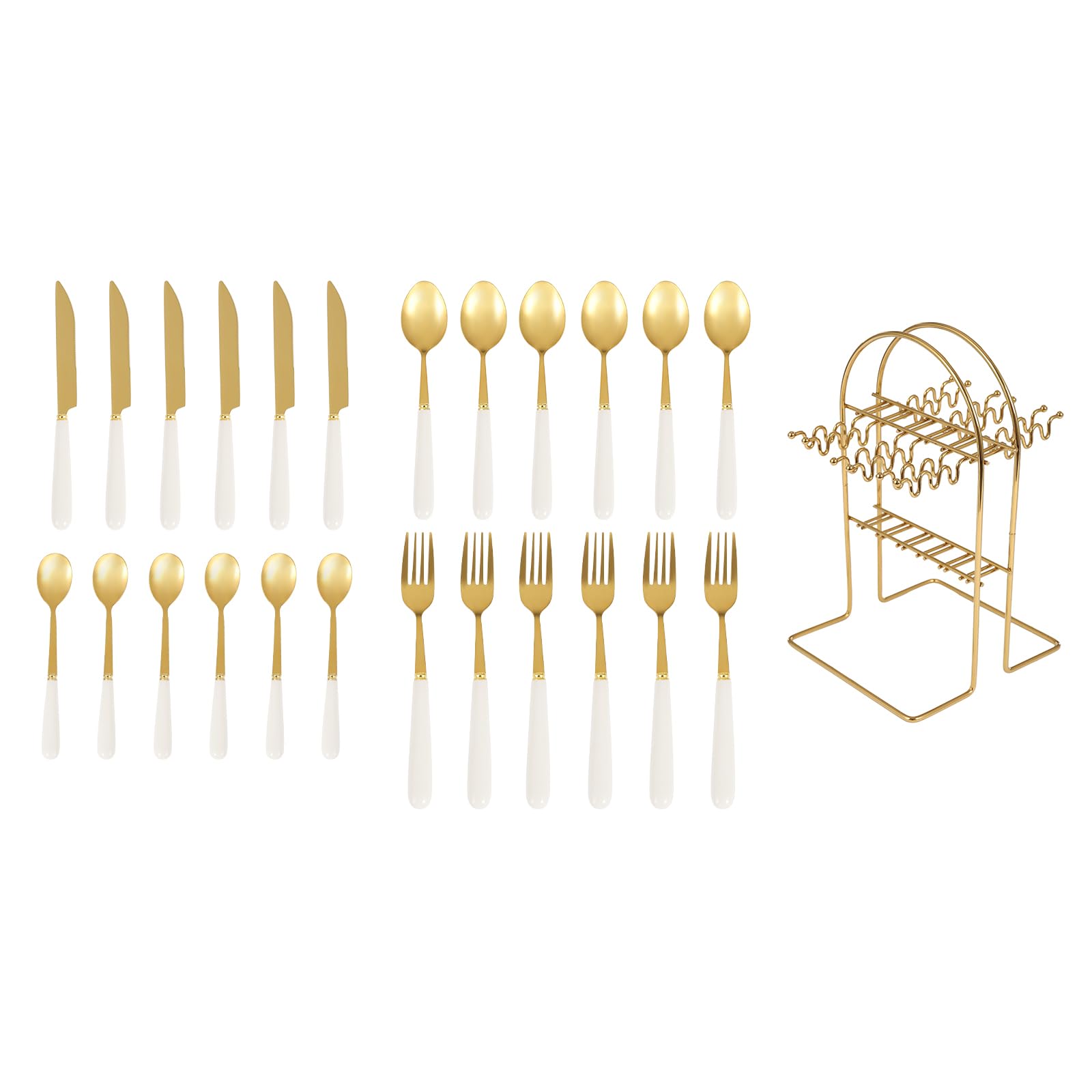 24pcs Mixed Cutlery Set Stainless Steel Ceramic Handle Tableware Dinnerware Set with Storage Stand-Knives/Spoons/Forks/Teaspoons for Family, Restaurants, Restaurants, Parties (Pure White+Gold)