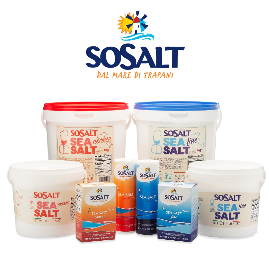 SOSALT DAL MARE DI TRAPANI Coarse Sea Salt, by SoSalt, Sicilian, 22 lb (10 kg) Bulk, Foodservice Bag, Canning, Pickling, Cooking, Grilling, Asado, Parilla, Steak, Trapani, Mediterranean, Sicily, Italy