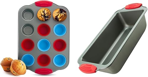 Boxiki Kitchen Duo Mini molde para magdalenas de 12 tazas con forros de silicona y sartén de pan de plátano de acero antiadherente de primera disponible en Yaxa Colombia