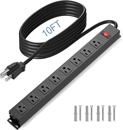 Miniatura 9 de Regleta protectora contra sobretensiones de 8 tomas, cable de 10 pies de largo, tira de alimentación de metal resistente para el hogar, oficina,