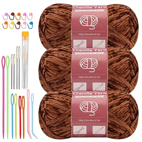 Image of LUNARM Chenille Yarn 3 Pack 3.5oz Chunky Blanket Velvet Yarn 263 Yard | Brown Velvet Chunky Chenille Yarn for Beginners Crocheting Hand Knitting Scarves with Big Eye Needles Machine Washable