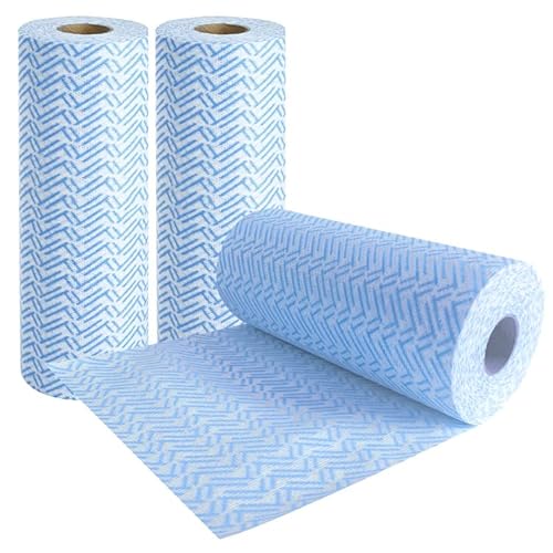 KMAKII Einweg-Geschirrtuchrolle, wiederverwendbares Reinigungstuch, Küchenreinigungstuch, Einweg-J-Tuch, Allzweck-Reinigungstuch, 3 Rollen, blau, 150 Stück Cover