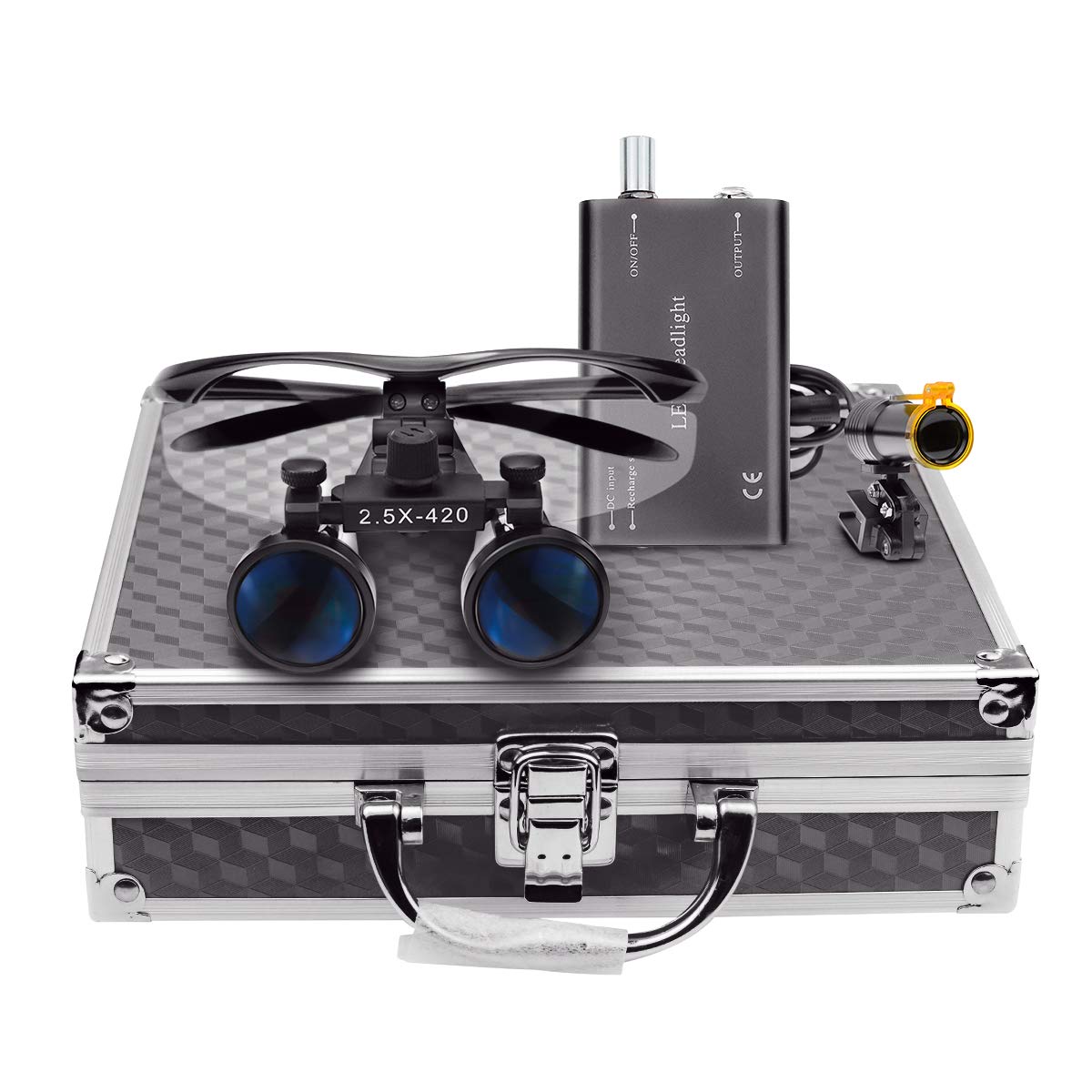 2.5×420mm Working Distance Binocular Loupes Glasses Magnifier with 5W LED Headlight Lamp Filter+ Aluminum Box (Black)