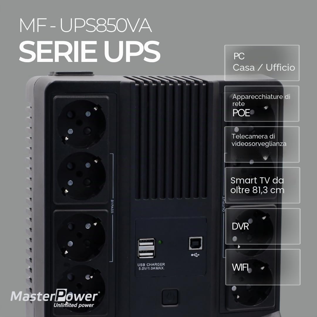 Master U-Power UPS 850VA (480W) Offline – Gruppo di Continuità con Display LCD, 8 Prese Schuko, USB e RJ45 – Protezione Elettrica per PC e Rete