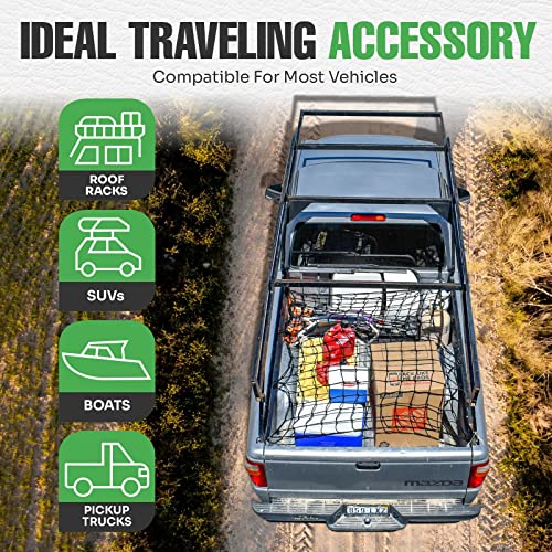 Lebogner 4’ X 6’ Cargo Net For Pickup Truck Bed, Heavy Duty Latex Bungee Mesh Netting For Roof Rack With 12 Metal Carabiner Hooks & Stretches Up To 8’ X 12’, Compatible With Most Trailers, Jeeps, Suvs #TOP23