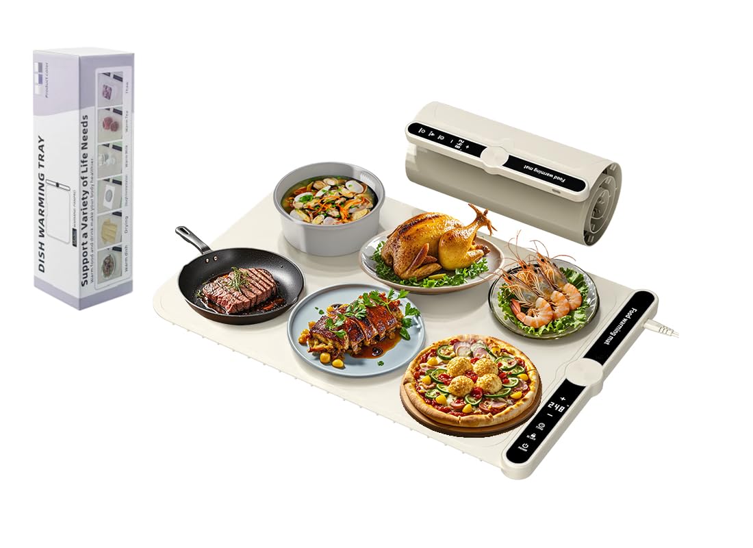 Sprigold Silicone Food Warming Mat Electric Warming Tray with 9 Temperature Settings and 6 Timer Settings, 8s Rapid Full-Surface Heating,18h Warming Roll Up Food Warmer for Parties Home Travel (Beige)