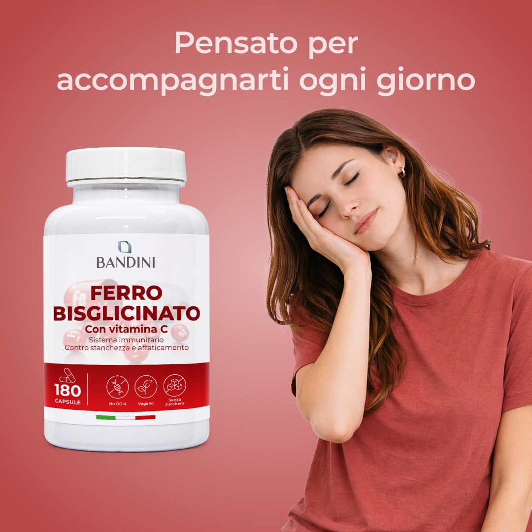 Bandini® Ferro Bisglicinato 80mg + Vitamina C 180 Capsule Vegan (Scorta di oltre 6 Mesi) - Contribuisce al Normale Metabolismo Energetico - Altamente Assimilabile e Biodisponibile - Iron + Vit C 160mg