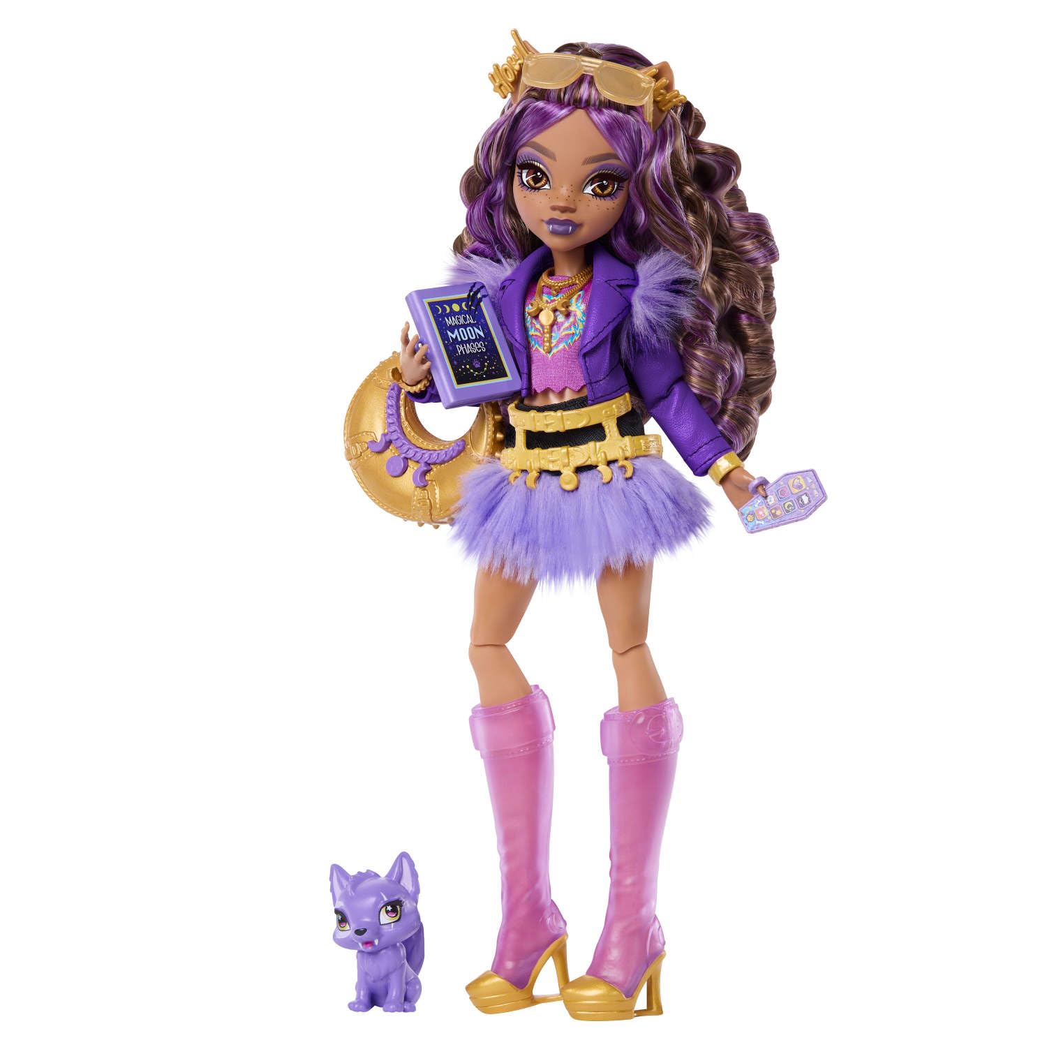 Monster High Clawdeen Wolf: boneca lobisomem articulada com 7 acessórios, look roxo fashion e seu pet Crescent para aventuras de uivar!