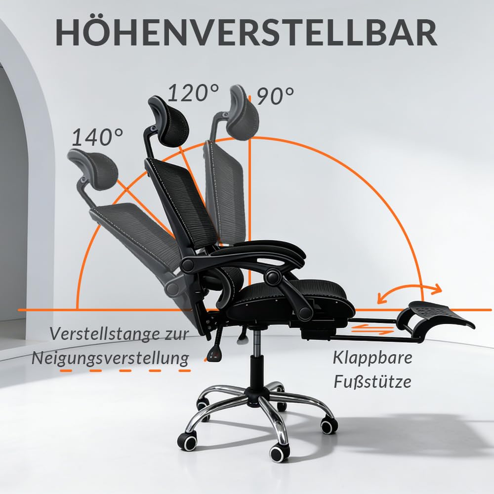 Ergonomischer Bürostuhl mit Lendenwirbelstütze, höhenverstellbarer Chefsessel, Drehstuhl, Netzstuhl