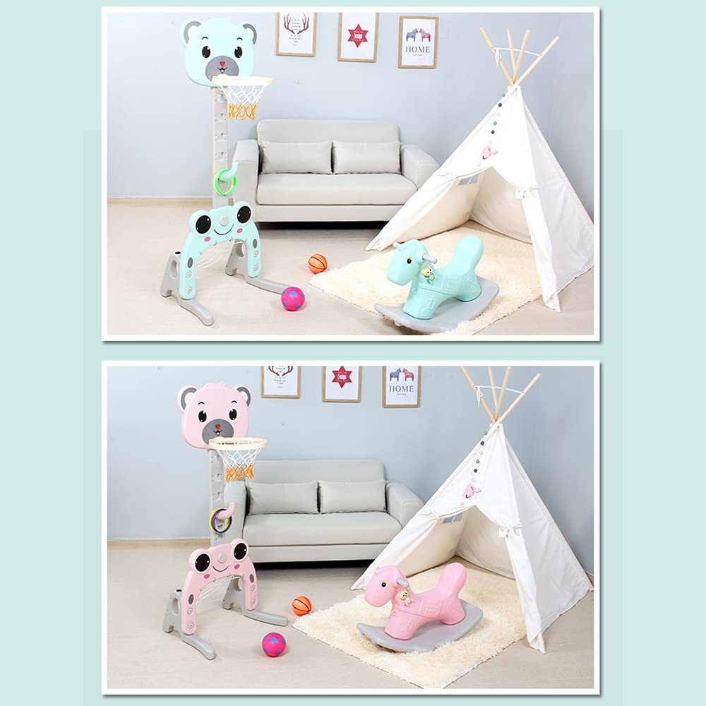 MUL-BUTIQUE Cesta de baloncesto y objetivo de fútbol 3 en 1 para niños, soporte para juegos de anillos, 57 x 49 x 150 cm, soporte de juego ajustable, forma de oso verde)