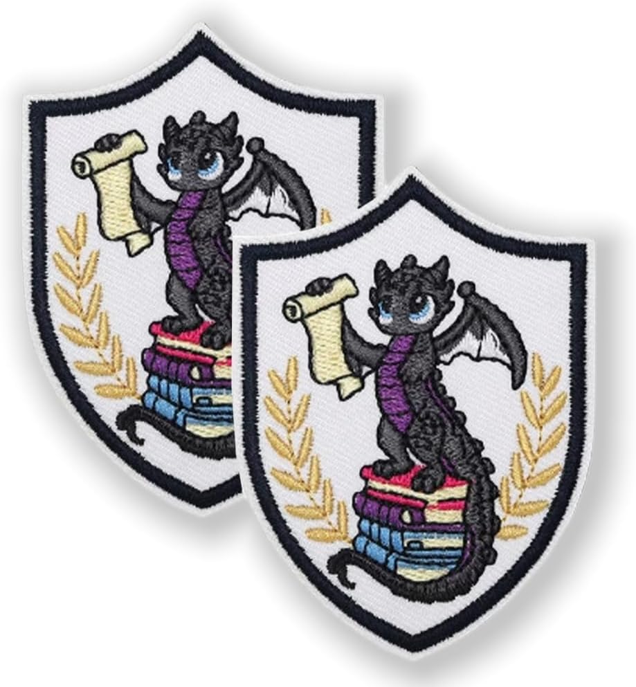 Book Dragon Themed Embroidered Patches,2 Pack Hook and Loop Tactics Patches,Fantasy Crest and Book Stack Design Applique for Hats,Backpacks,Jackets,Vests,Clothing Decoration and Casual Accessories