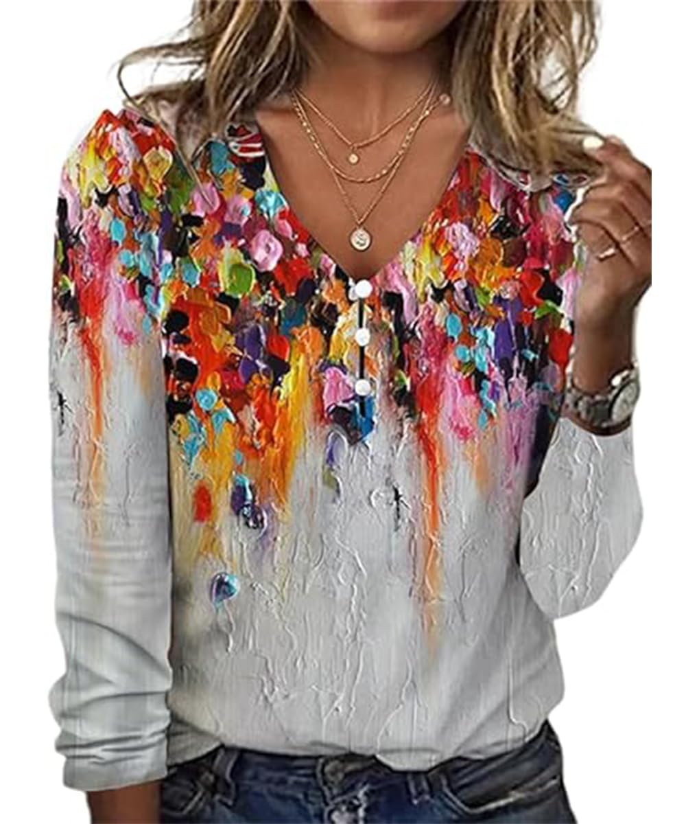 GRMLRPT Blusas de Mujer Casual Camiseta de Mujer Top Elegante de Manga Larga con Estampado Suave Ligero Cómodas Camisetas con Cuello en V para Otoño y Primavera(Multicolor,S-XXL)