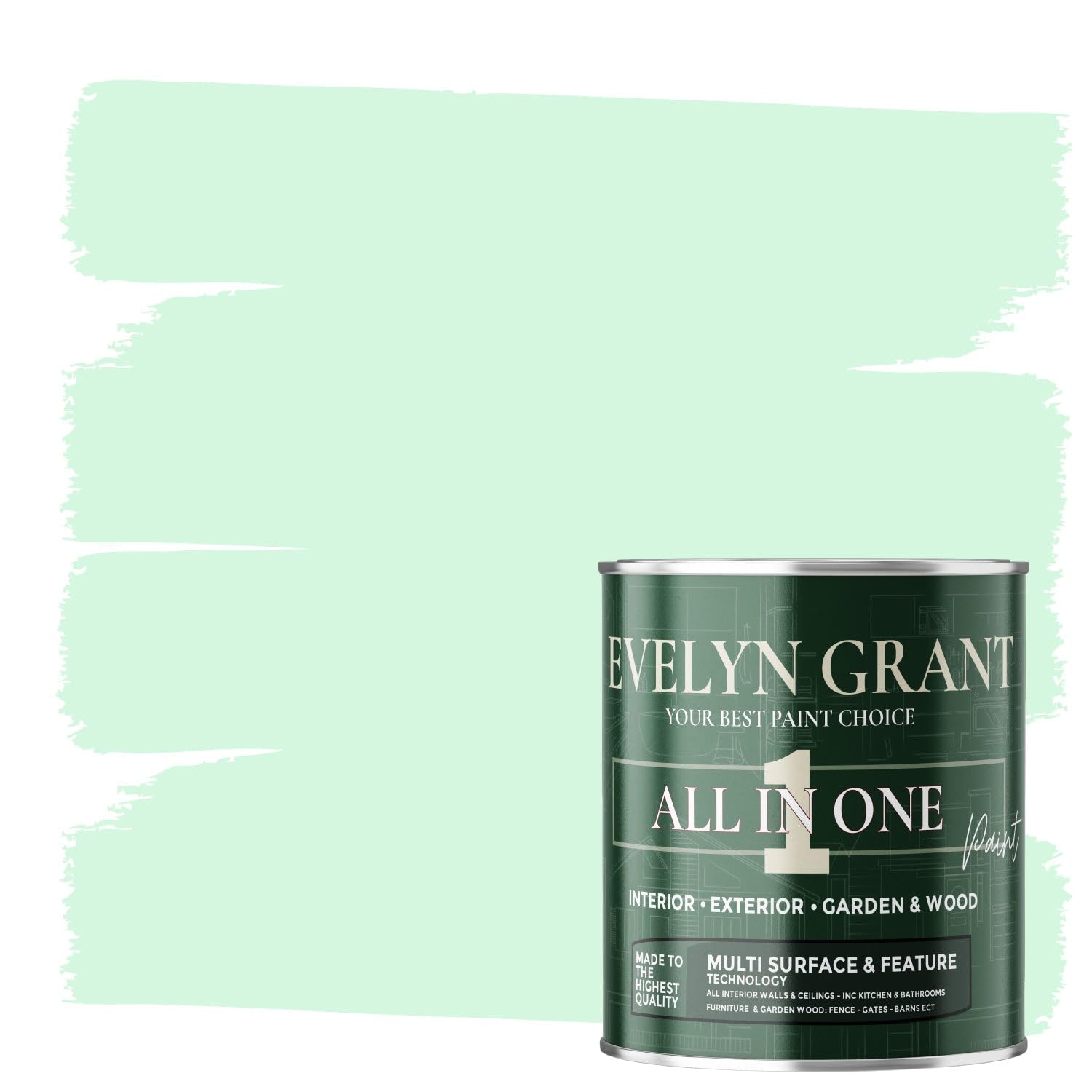 Evelyn Grant All-IN-ONE Paint & Primer - Multi-Surface Paint For Interior Walls, Outdoor Garden & Exterior Walls, Wood Furniture | High Durability Multi-Feature - Mild Mint - 0.5L - Matt โ image 1