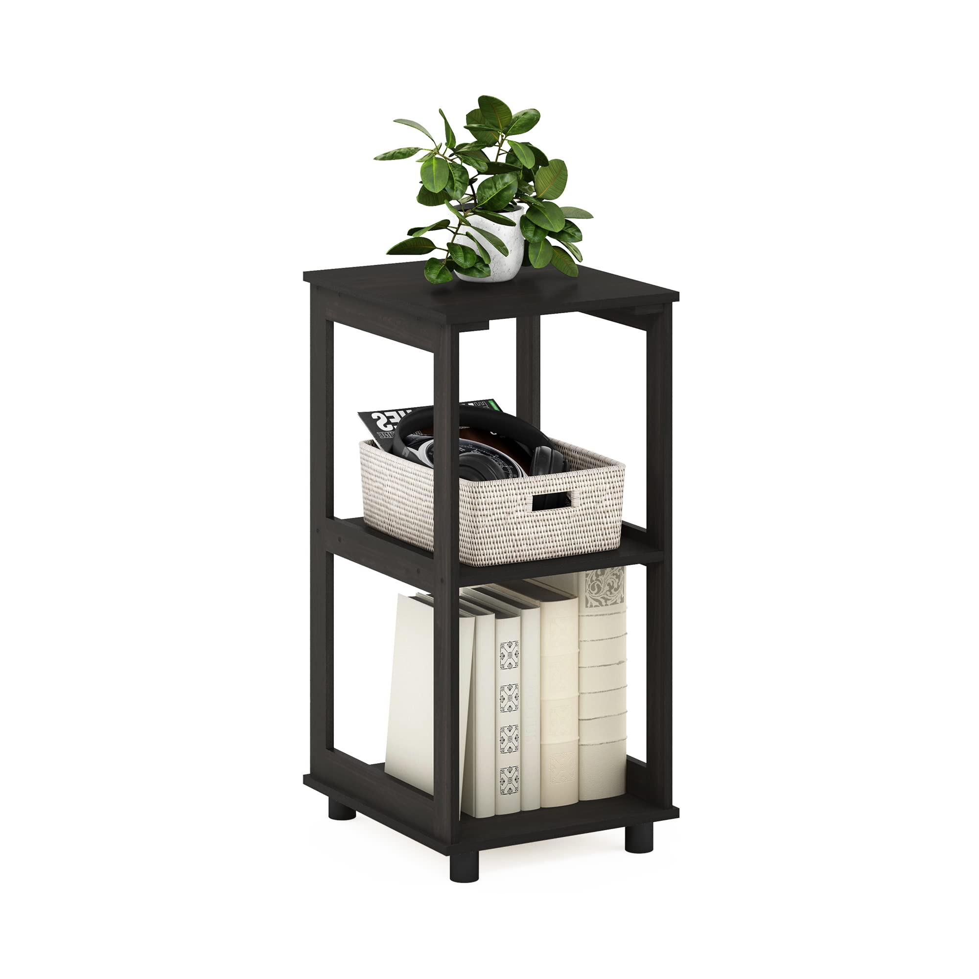 Furinno ROMAIN Side Table, 2-Tier Tall End Table with Open Shelf, Night Stand, Bedside Table, for Living Room, Bedroom, Espresso
