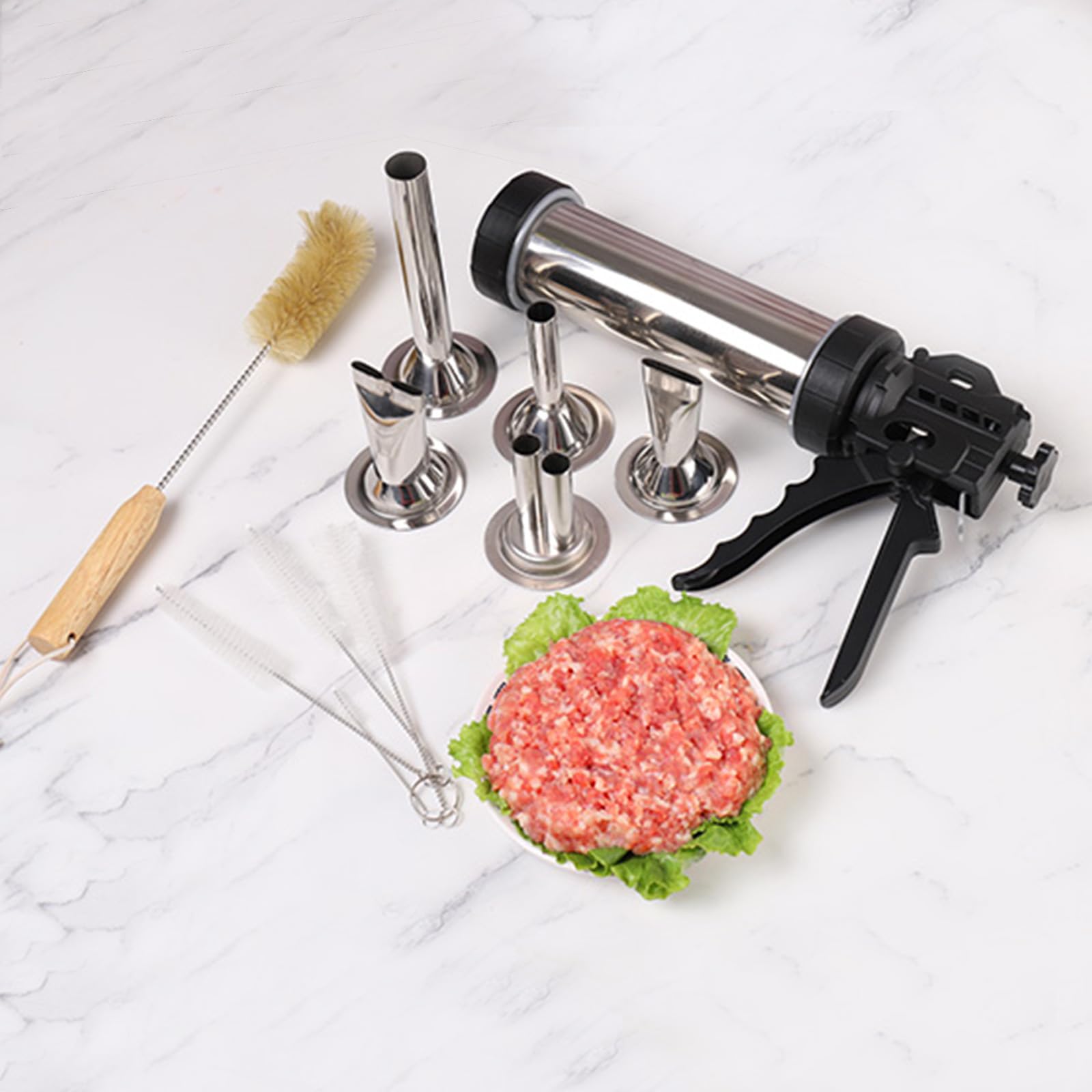 Jillmo Jerky Gun Jerky Maker, Jerky Gun Kit mit 5 Edelstahldüsen und 5 Reinigungsbürsten