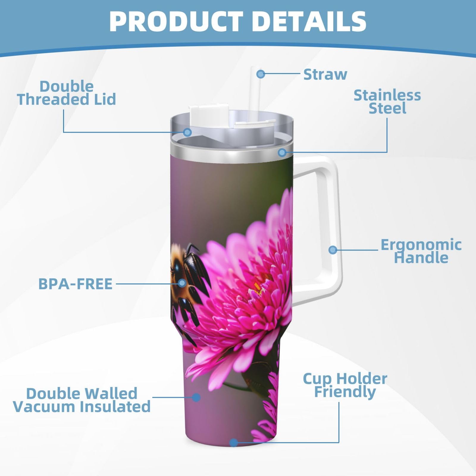 Bee Flying 1 Wasserflasche aus Edelstahl, doppelwandig, isoliert, mit Griff und Strohhalm-Deckel, 1,2 l
