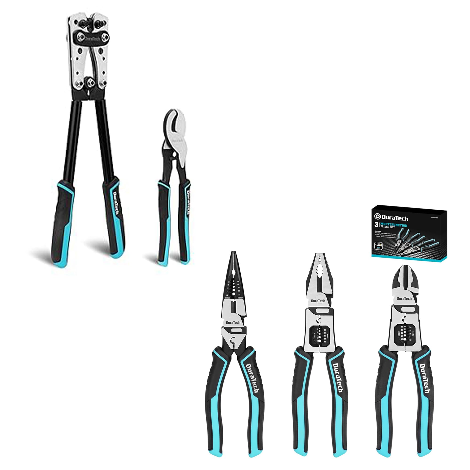 DURATECH 3PCS Pliers Set & DURATECH Battery Cable Lug Crimping Tool with Wire Cutter-Wire Crimper Tools