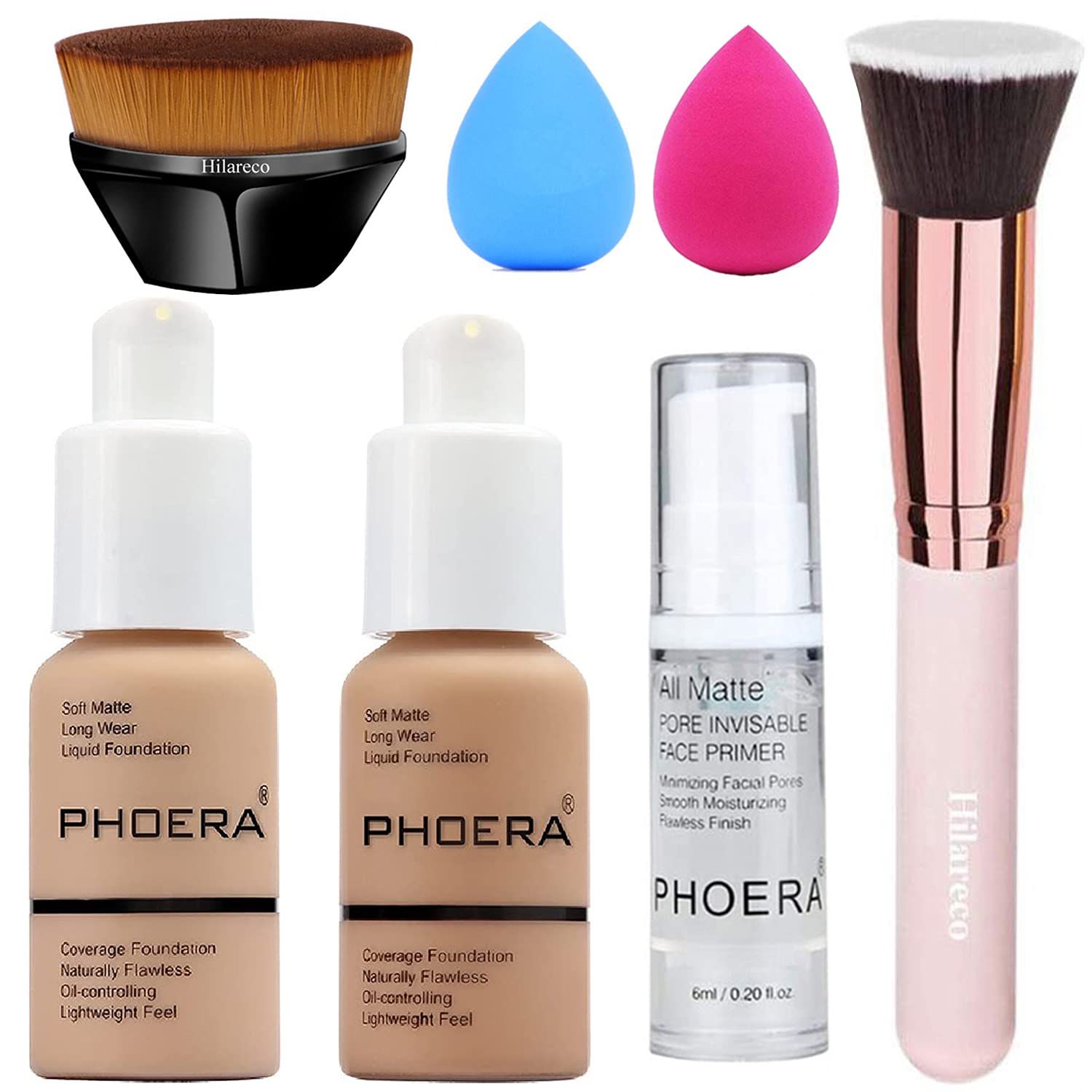 PHOERA Foundation, Full Coverage Foundation, PHOERA Primer, PHOERA Makeup Set, Flat Top Kabuki Makeup Brushes Foundation Brush Powder Brush,2 Pcs Makeup Sponge (104 Buff Beige + 105 Sand)