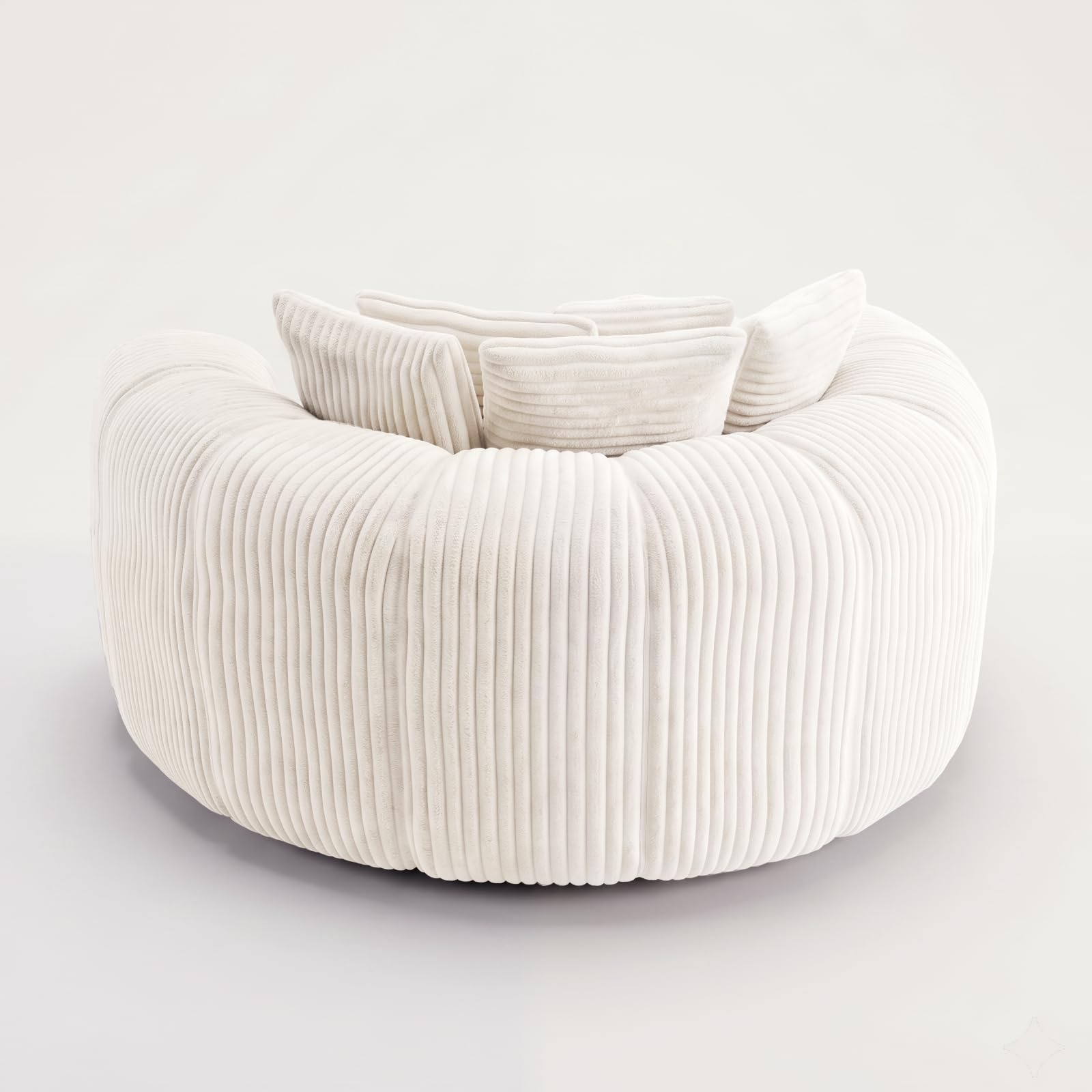 Sweiko Żebrowana okrągła aksamitna sofa z podłokietnikami i 5 poduszkami