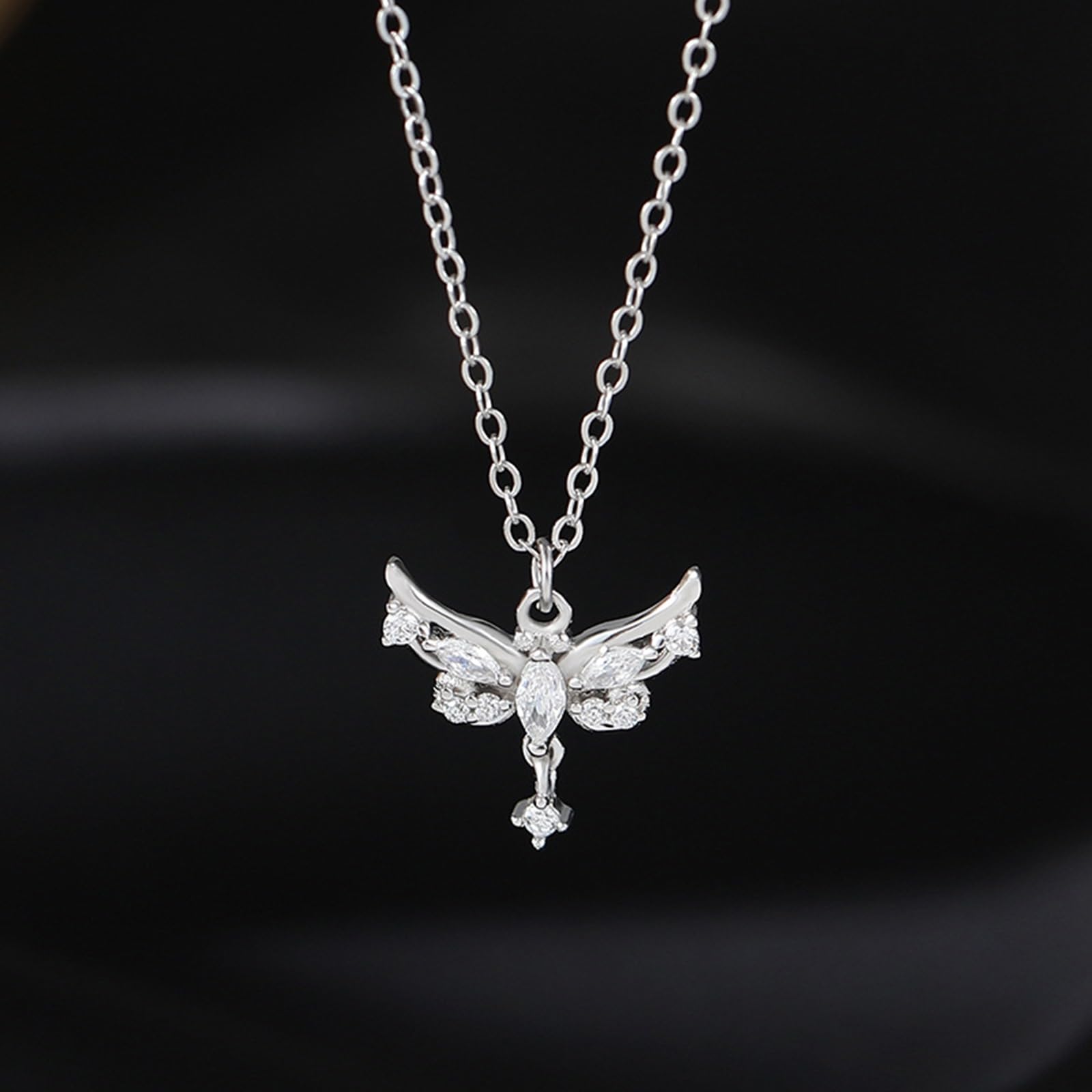 Collar de oro blanco de 18 quilates con alas de ángel para mujer, cadena de oro blanco de 9 K, 14 y 18 quilates con moissanita, collar de madre de cable alargado para mujer, 40 + 5 cm