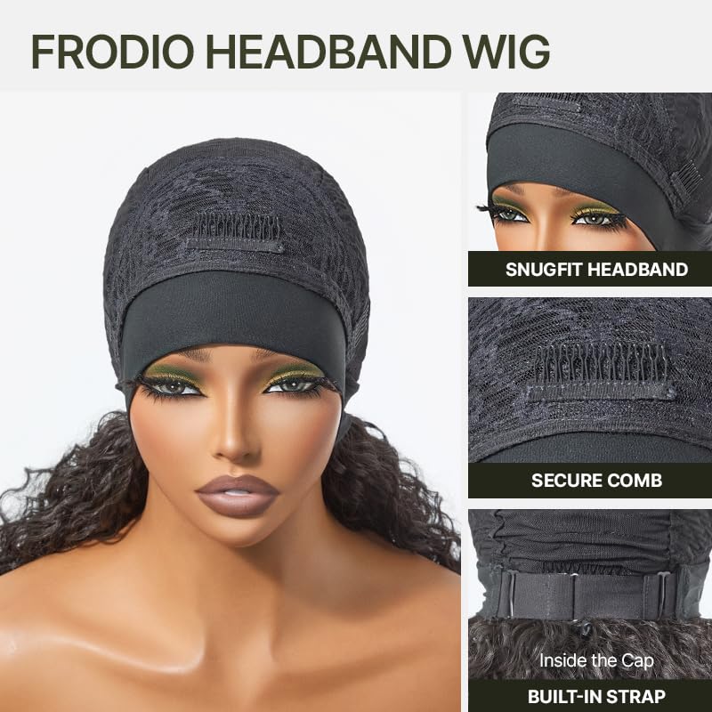 Frodio Headband Wig Curly Wig 22 Inches Veralux™ Blend Human Hair 22" Deep Wave Headband Wig Glueless Wigs Beginner Friendly Curly Elastic Band Wig