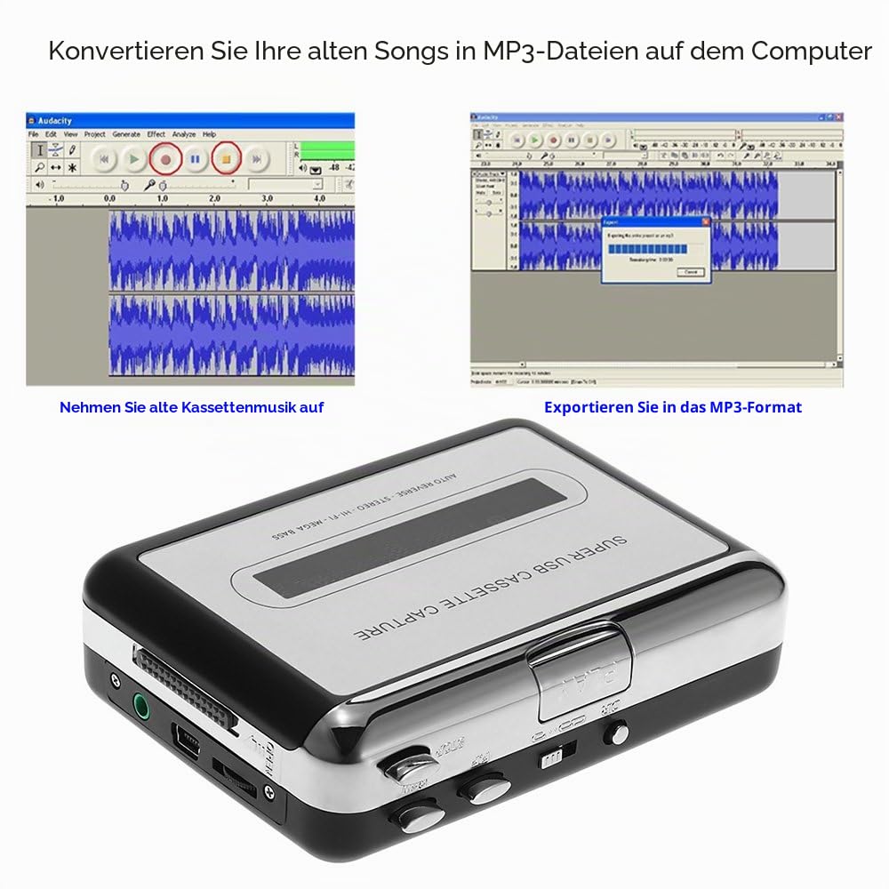 Docooler USB-Konverter auf MP3 und Kassettenspieler, konvertiert Audiokassetten in digitale MP3-Kassetten für die Aufnahme in MP3 oder Windows