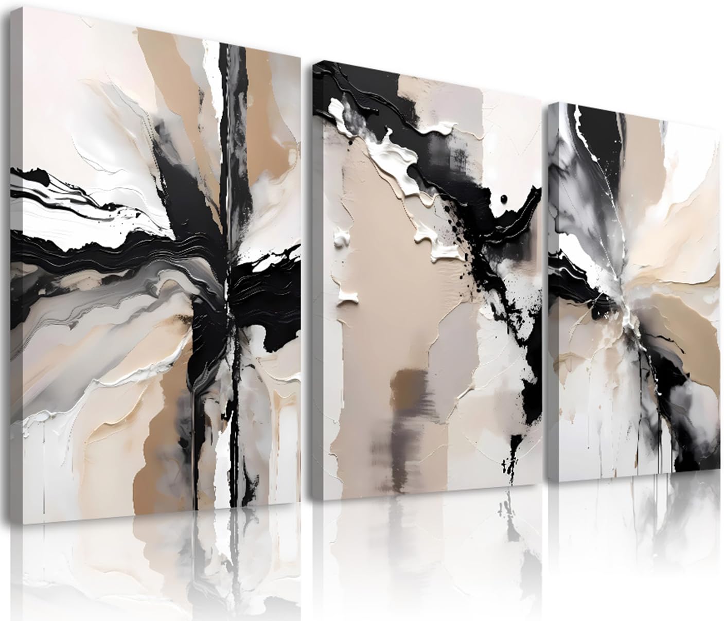 3pcs Framed Black Beige Netural Wall Art,Modern Geometric Abstract Wall Decor Living Room,Beige Black Abstract Marble Canvas Wall Art Posters Prints for Bathroom Bedroom Home Decoration,12x16inch