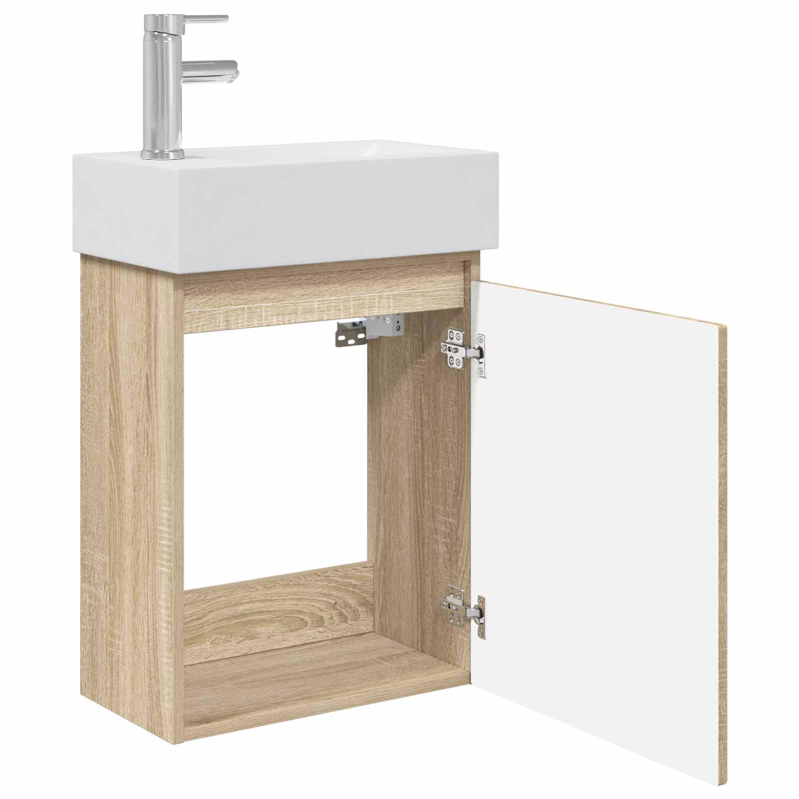 Mobile sottolavabo da bagno in rovere Sonoma con lavabo in ceramica e rubinetto miscelatore, montaggio a parete, porta reversibile, mobile da bagno moderno, mensola, lavandino