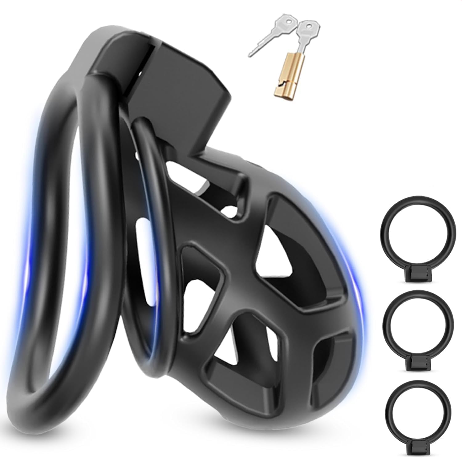 BDSMAGE Jaula castidad para Prevenir Erección, juguetes sexuales hombre, chastity cage con 3 anillo pene, Jaulas de Pene bdsm Juguetes Eróticos Para Adultos (S)