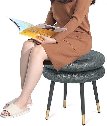 Miniatura 6 de Otomana redonda de terciopelo, reposapiés tapizado con patas de metal, taburete de tocador, mesa de café para dormitorio, sala de estar (gris)