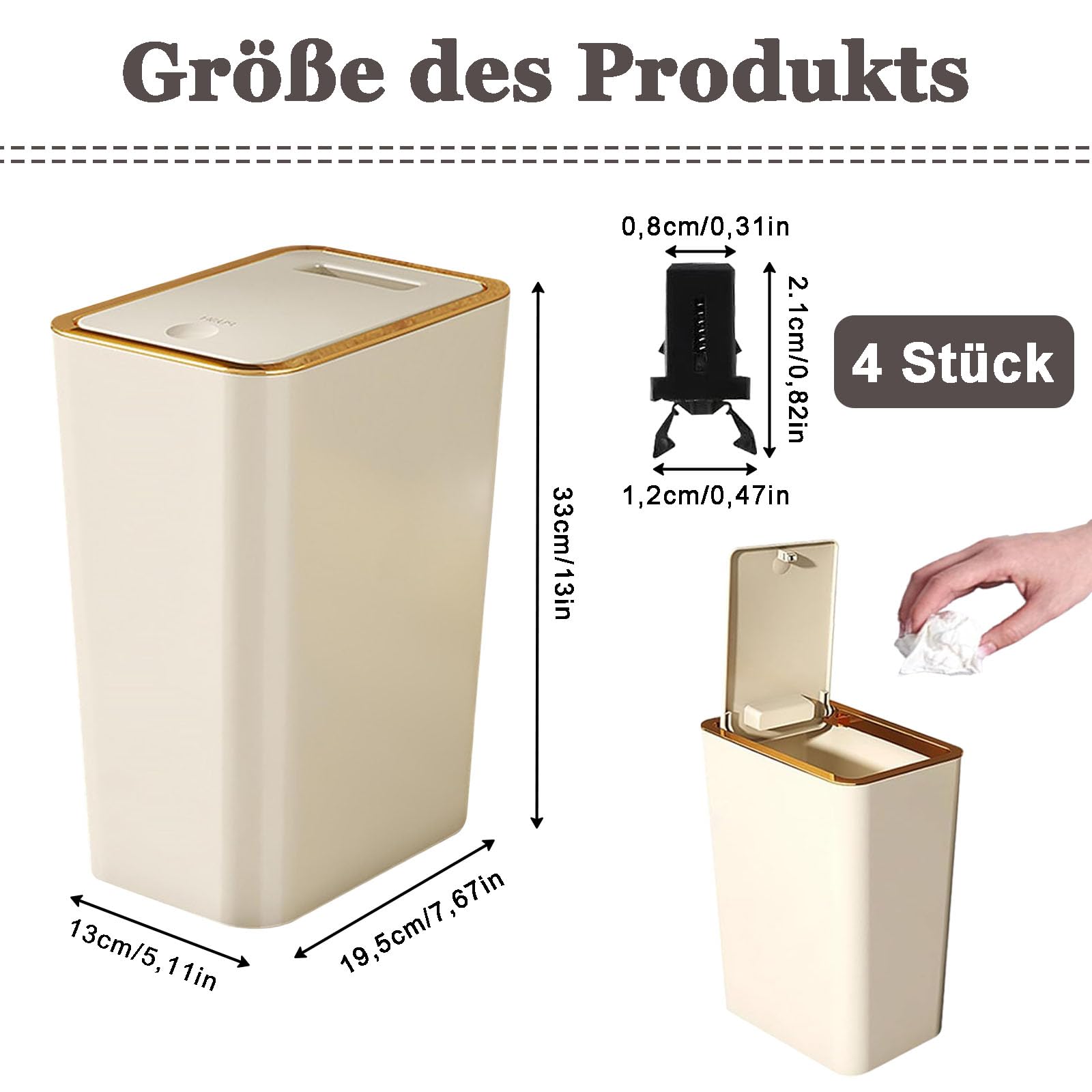 Contenedor de Basura con Tapa, 10L Contenedor de Basura con Tapa Abatible a Presión, Bote de Papelera para Baño con 4 Mosquetones, Bote de Cuadrado Familiar Papeleras, para Cocina, Oficina(Crema)