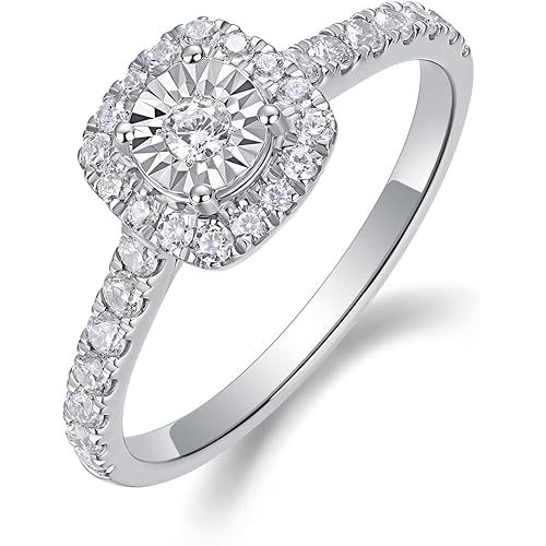 Sterling Silver Halo Lab Grown Diamond Engagement Ring, Pave Band