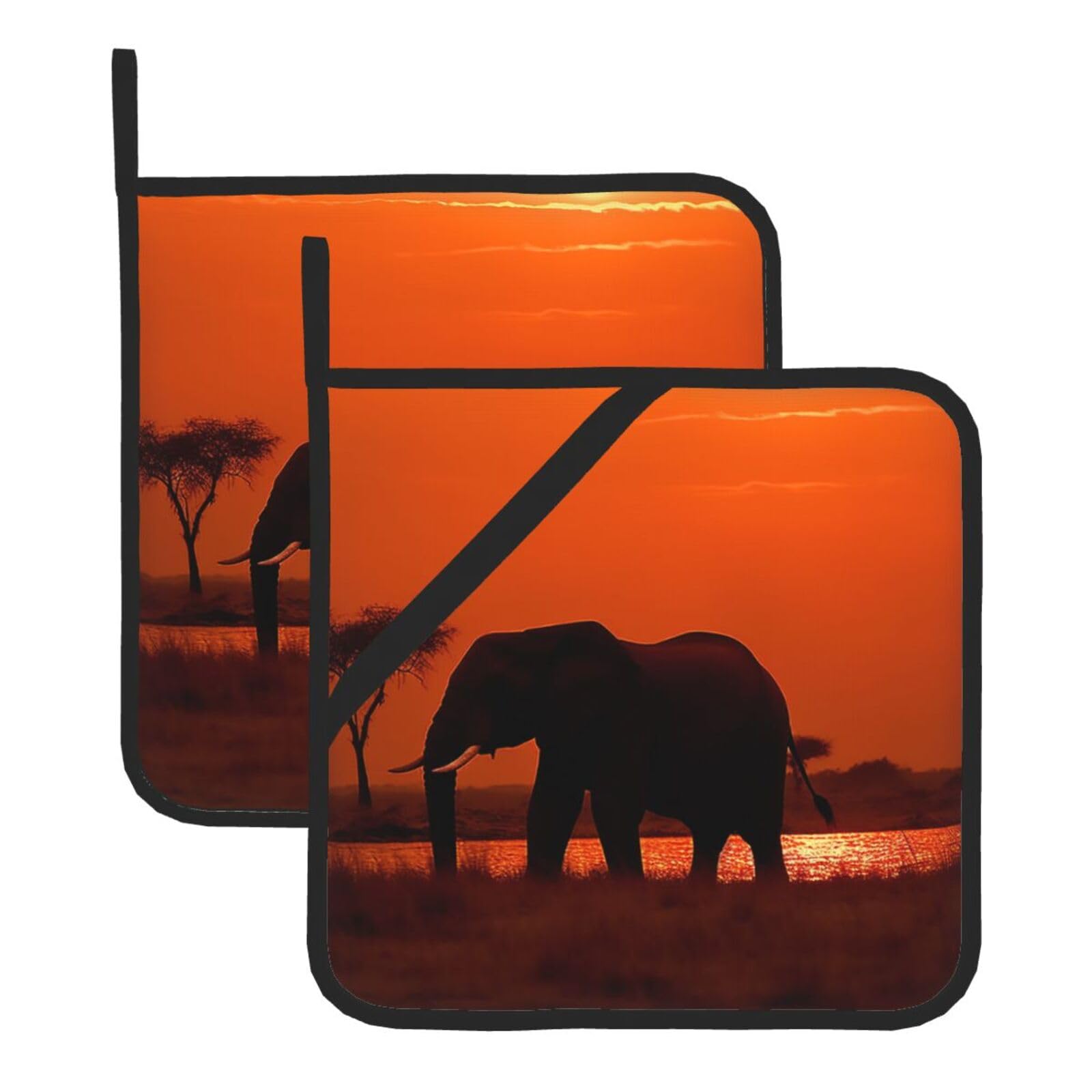 2Pcs Pot Holders for Kitchen Heat Resistant Potholder Sunset African Elephant Hot Pads for Countertops Oven Pot Holders for Cooking Baking Kitchen Hot Mat Trivet 8 inch Hot Pad