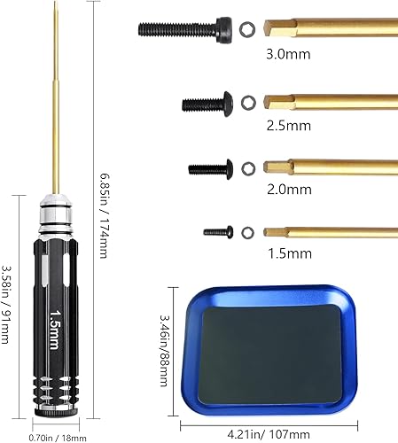Miniatura 2 de HobbyPark Juego de destornilladores hexagonales de titanio de 0.059 in, 0.079 in, 0.098 in, 0.118 in, kit de herramientas de llave Allen, bandeja de