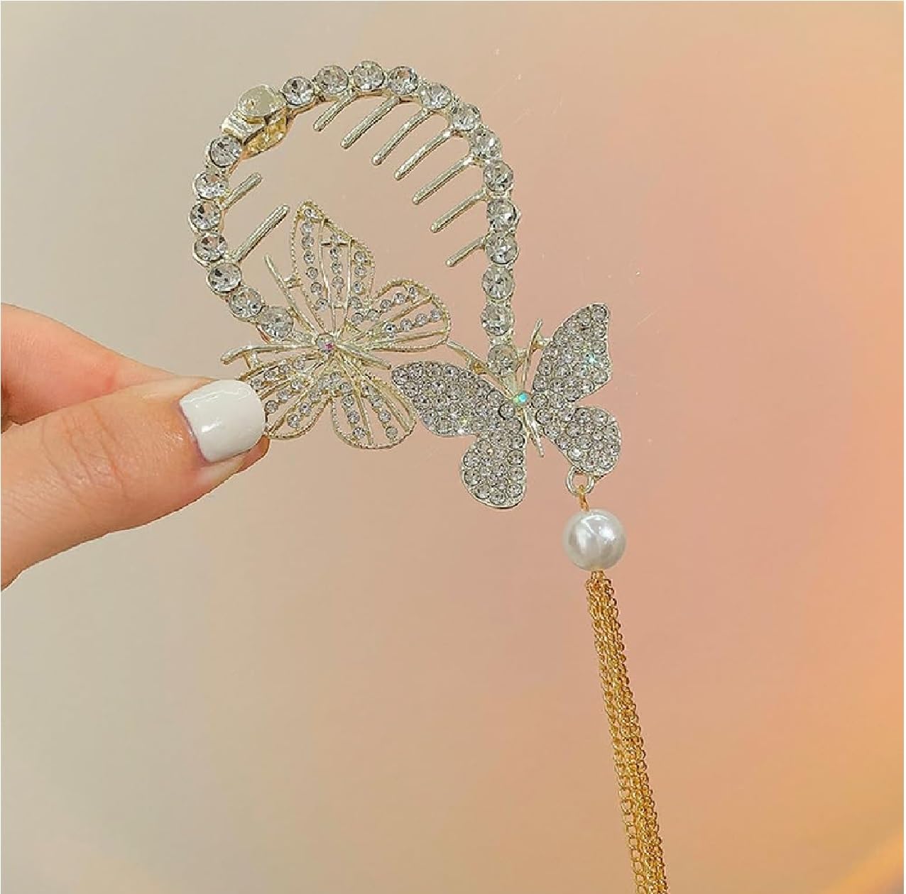 TASMAI MARKETING Butterfly Hair Clip Set, Gold Metal with Rhinestones and Tassel, Bun Clip for Hair Styling,Hair Claws Clip,Fashion Hair Supplies,Juda Clip (Twin Butterfly Rhinestone Bun) 2
