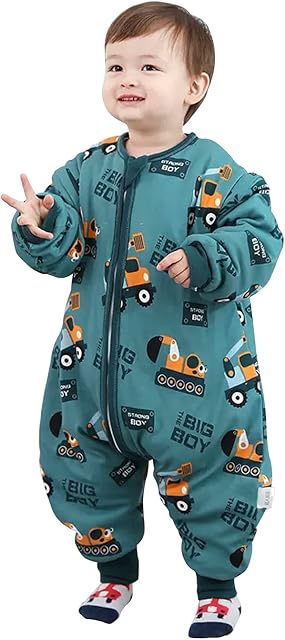 LILBESTIE Baby Sleep Bag with Feet, Winter Toddler Sleep Sack with Long Sleeve 100% Cotton Kids Wearable Blanket Sleep Walker 2.0 TOG Warm Sleeping Bag, (Excavator, 6-15M)