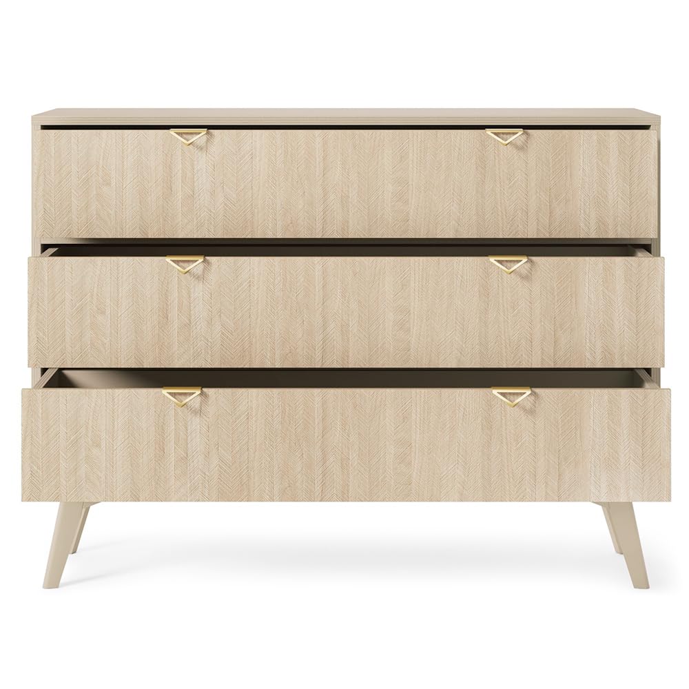 Lomadox Wohnmöbel Set Wohnwand beige, Front mit Fischgrätenmuster, 3-teilig, 1 Lowboard, 1 Regal, 1 Kommode