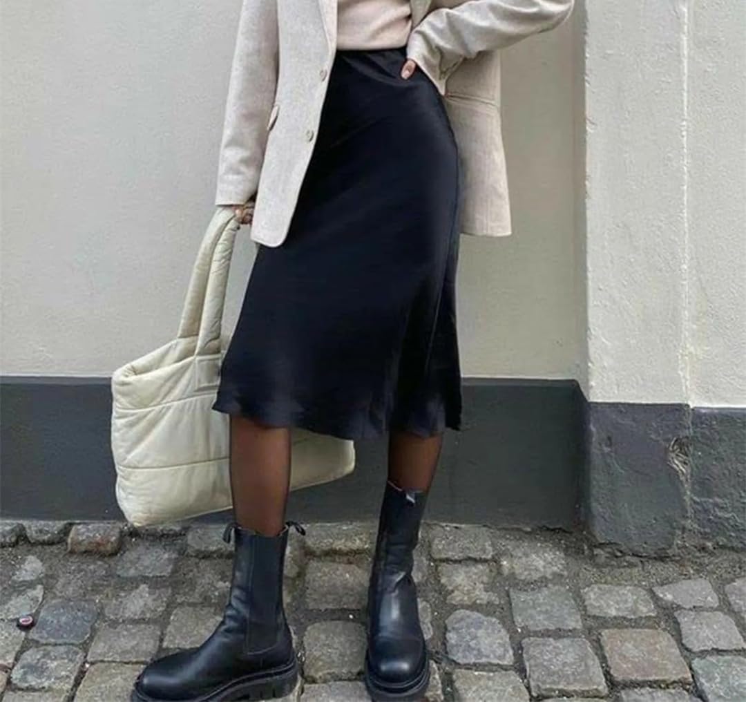 Jupes en satin de soie pour femme - Jupe taille haute - Jupe trapèze élégante d'été unie