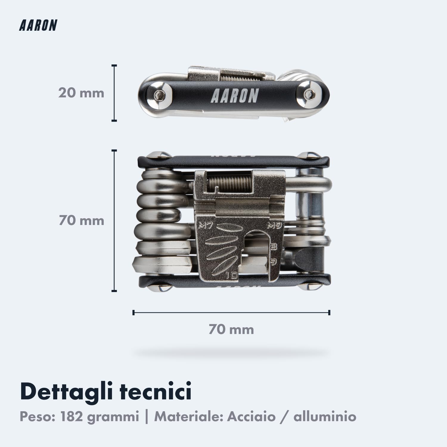 AARON Attrezzo multifunzione 20 in 1 – Attrezzo multifunzione per bicicletta in acciaio inox / alluminio – Mini attrezzo pieghevole per bicicletta con molte funzioni – pratico strumento per bici in
