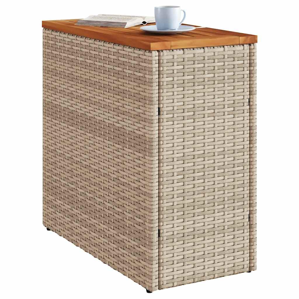 Mesa auxiliar de jardín con tablero de madera de acacia, color beige, 58 x 27,5 x 55 cm, polirratán, marco de acero recubierto de polvo para terraza, balcón, exterior, ideal como mesa de
