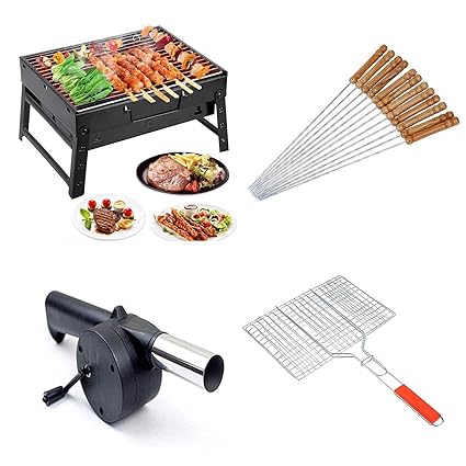 Monenzo Portable Barbeque Tandoor Grill With Stainless Steel Barbeque 12 Skewers, Barbeque Oil Brush , Barbeque Net , (BBQ NET COMBO)