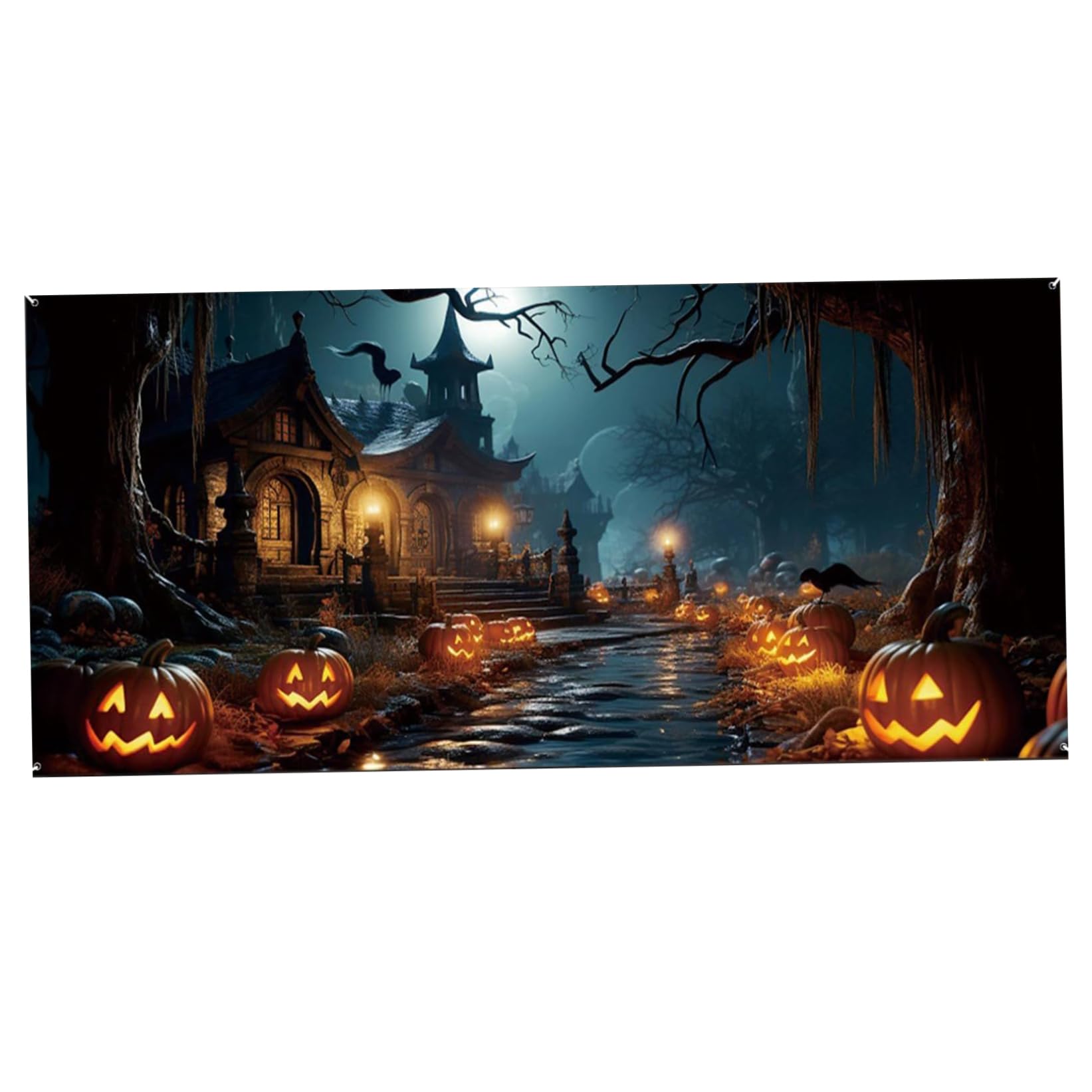 Hbbgdiy Halloween Garage Door Banner 16x7ft Spooky Castle Graveyard Backdrop with Grommets Fade Resistant Halloween Decorations for Outdoor Party Garage Cover